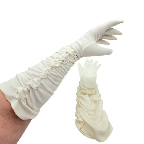 Fownes Vintage White Nylon Rouched Ladies Elbow Length‎ Dress Gloves - Picture 1 of 8
